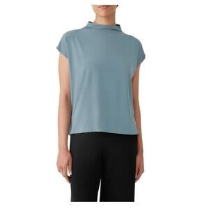 NWT Eileen Fisher Funnel Neck Short Sleeve Top In Nile (Slate Blue) sz LARGE